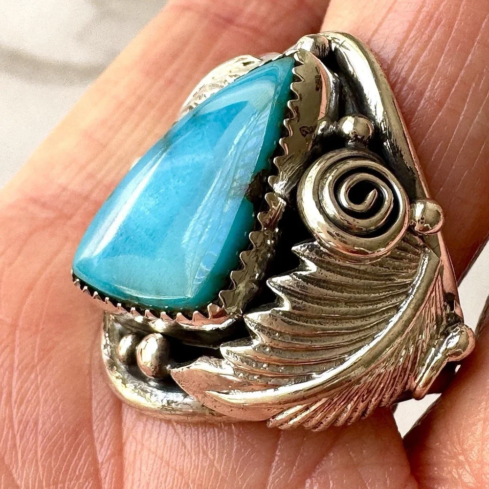 Navajo Turquoise Mens Ring Sz 12 Leaf Feather Signed Morgan Sterling Native Amer